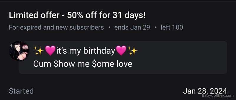 @babydollhex 
It’s my birthday and my sites $3 
Onlyfans.com..