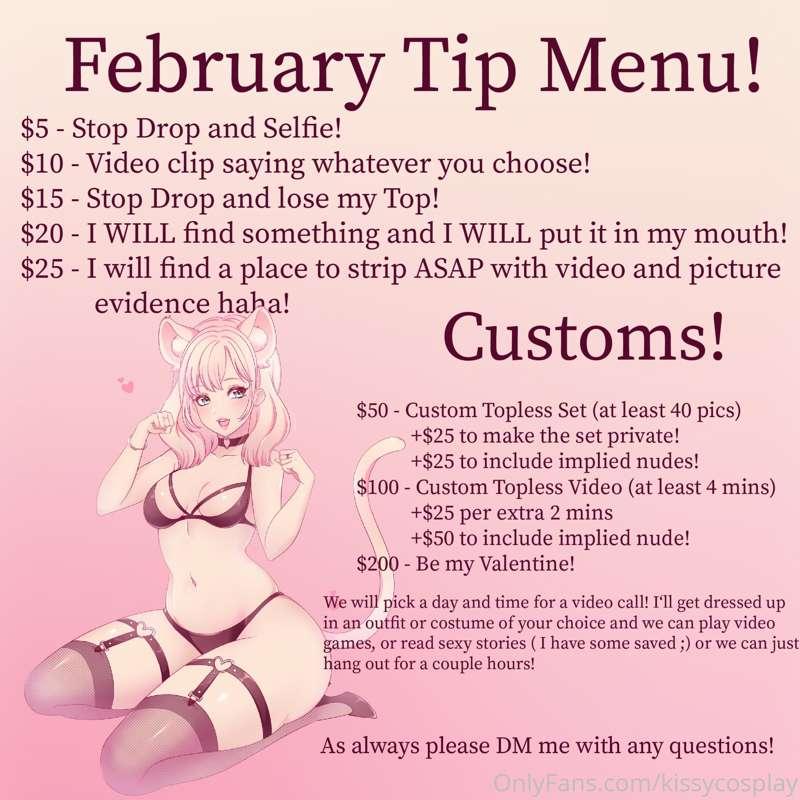 Hello!! Welcome to February! Here is my updated tip menu!! I..