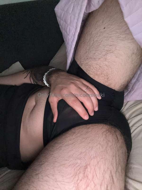 Just woke up. Got that sleepy face and a rock-hard cock unde..
