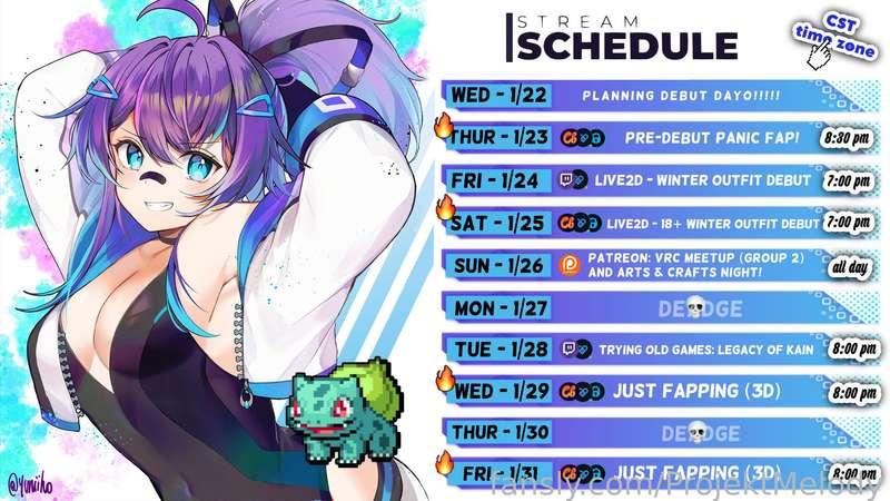 SCHEDULE!!!!!!!! (let's gooo!!!!)

(*schedule is subject to change, 'cuz peeps get sick, last min collabs occur, and idk godzilla escapes from his firey prison occasionally. so keep an eye out for updates) &lt;3