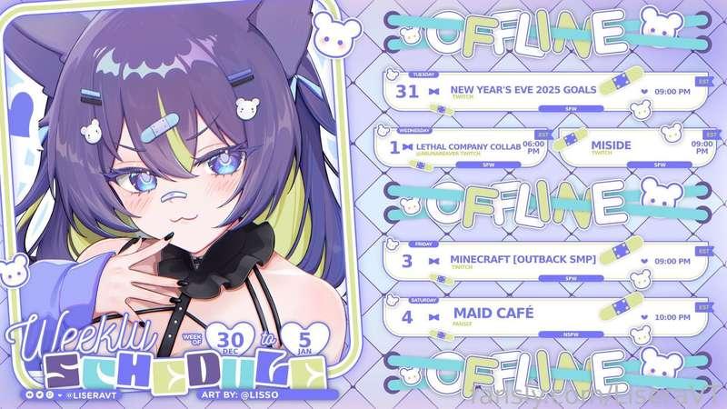🎉This weeks schedule! Lets celebrate the New Year together!🎉

🎊 New Year's Eve stream tonight on Twitch to celebrate the start of 2025! Thank you all for such an incredible year of support &amp; love for my SFW &amp; NSFW content. ;~; 💞 I can't wait to show you what I have in store for 2025🎊

🐾You got an invitation to a kitty maid cafe for this Saturday! I can't wait to see you 💖🐾

♡Twitch: https://twitch.tv/liseravt
♡Youtube: https://www.youtube.com/@liseravt
♡Twitter: https://twitter.com/LiseraVT
♡Discord: https://discord.gg/DqPBTJrCbX