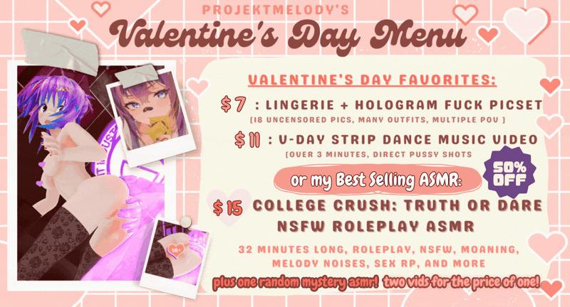 valentine's day may be over, but im still feeling the love (ღ˘⌣˘)♥ to keep the holiday spirit going here's a special little menu with some of my best valentines day content, all on sale from their usual prices! Not to mention right now you can get TWO asmr for the price of one- pretty sweet deal, huh?

also speaking of asmr, if u havent seen it yet, you can scroll down to see my brand new one ("Handjob for my sweetheart") cuz its seriously one of my favs ♥ a little roleplay never hurt anyone, right? ;3