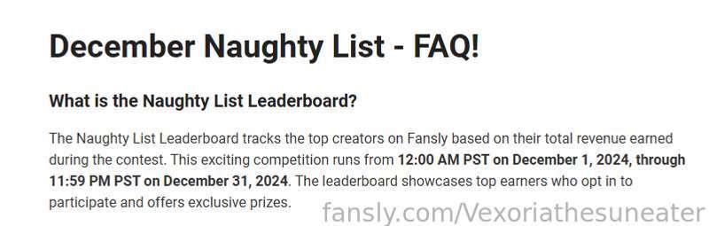 Hello my Darlings &lt;3 

THIS IS YOUR TIME TO SHINE....FANSLY HAS ANNOUNCED THE DECEMBER NAUGHTY LIST!    

What does that mean? It means if YOU get me into the top 10 of creator earnings in the month of December, I will dress up in a naughty cosplay YOU will vote on and give away some free pictures and videos for you ONTOP of all the other sexy pictures and content I post EVERY SINGLE DAY!  

Sound fair? I think so! But we gotta get there! It starts December 1st!  Make mommy happy this Christmas won't you?  &lt;3 

#fyp #lewdtuber #vtuber #milf #cosplay 
