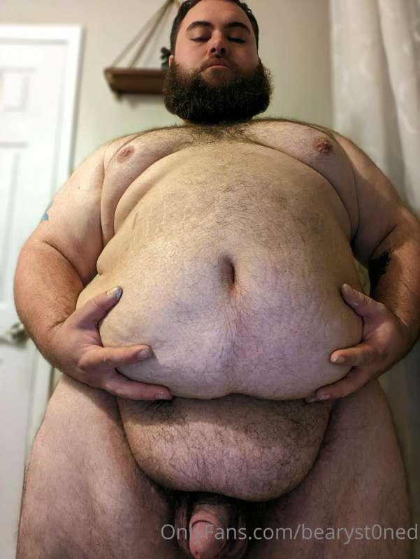 Gut full of beer and a hard cock.