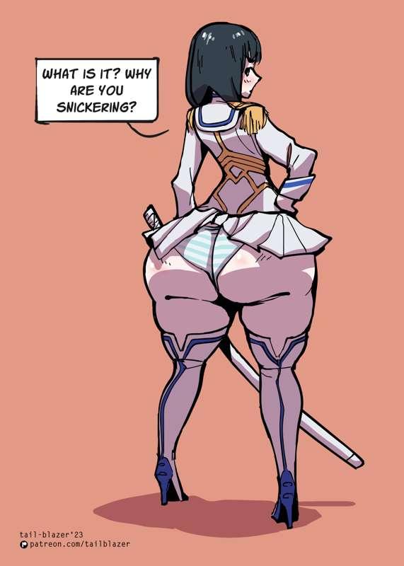 Satsuki gets her skirt hooked on her panties.