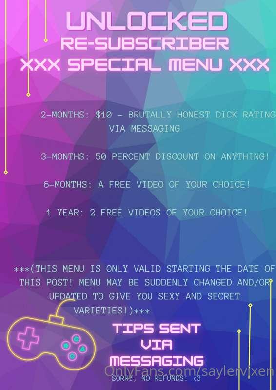 xXx - UNLOCKED RE-SUBSRCIBER SPECIAL MENU - xXx

 2-months: ..
