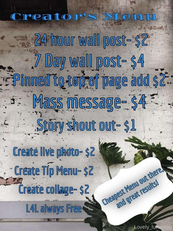 ✨Creators menu✨  Cheapest one out there yet! 😘 Just tip this..