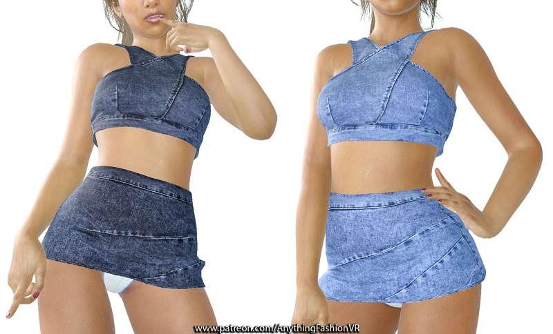 Denim short skirt and small top. Comes in black and blue