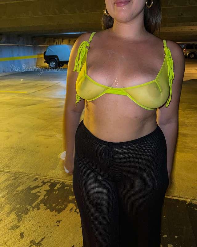 After taking off my bikini bottoms and walking back to the parking garage in my sheer pants, my bf and I were both so turned on. On the way back up to the car, I decided to give him a bj in the parking garage stairwell!

It was SO busy out and I was a bit nervous about getting caught.. after a little bit, we heard some people coming up the stairwell and I was gonna stop, but my bf nodded at me to keep going. After cumming all over me, we realized that someone had actually been sitting directly across from us and actually saw the whole thing 🙈 What a fun day/night! 