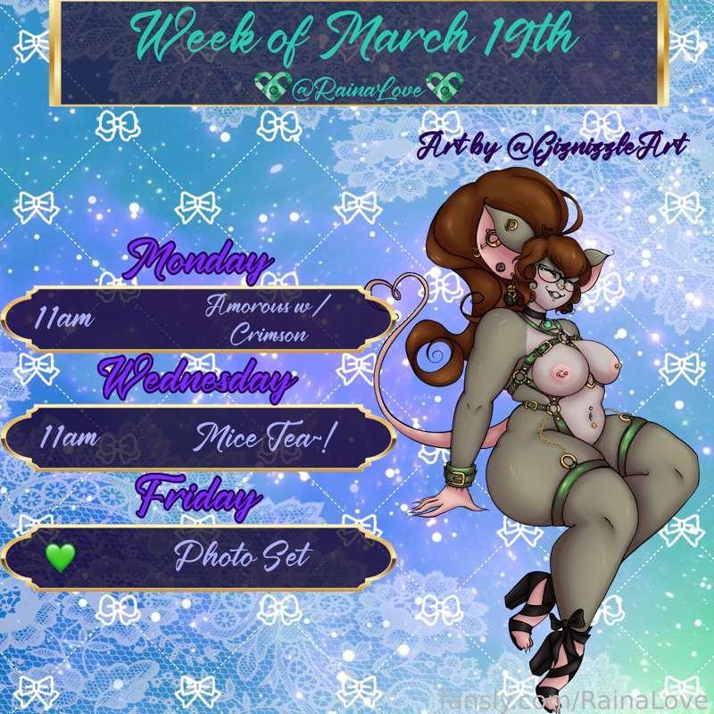  We got the schedule for the upcoming week~! Thank you all for the patience while I recovered from the event 💚

 More Mice Tea, more Amorous! We also have some very cute outfits and some stuff arrived in the mail that I can't wait to share with you all~

#fyp #schedule #MiceTea #Amorous #Furry #Stream