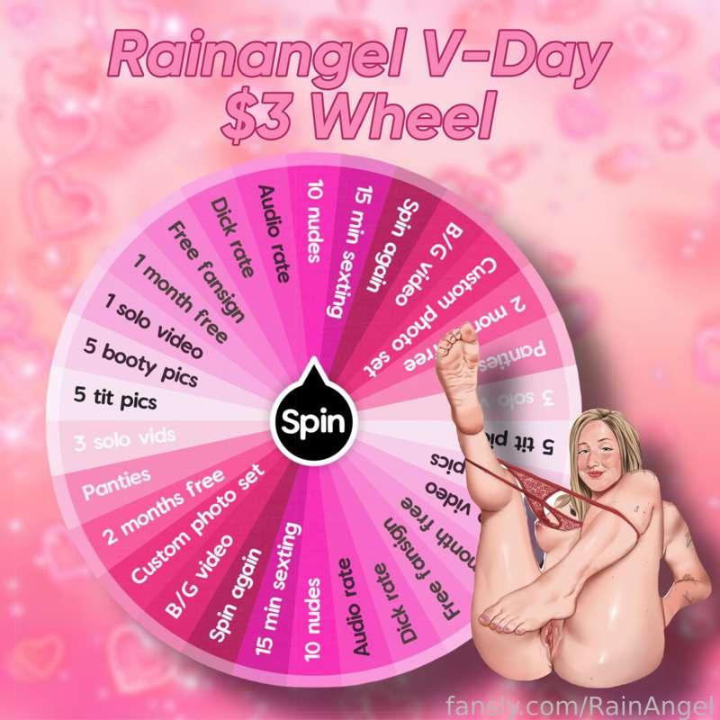 VALENTINES SPIN THE WHEEL

1 spin = $5
2 spins = $7
3 spins = $10
4 spins = $12
5 spins = $15

The valentines spin the wheel is here! Take a spin to win any of these prizes. Guaranteed win every time!

