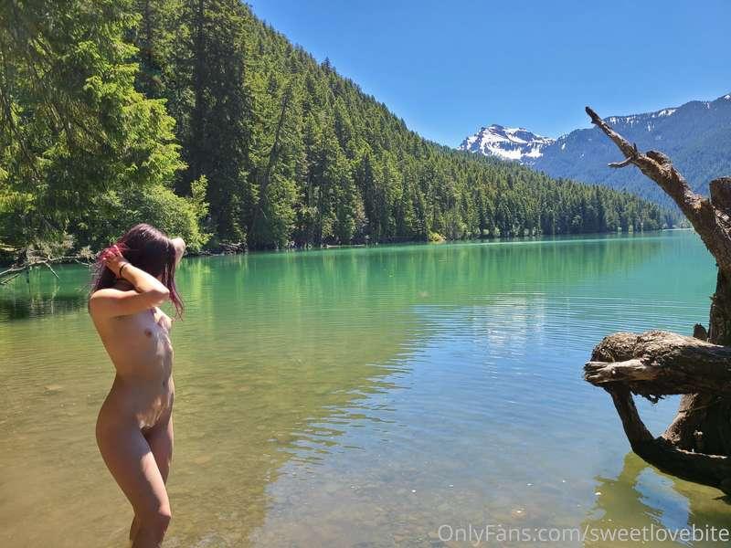 Naked in the sun with a view of Mt. Rainier and a turquoise ..