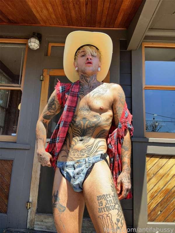 Thought i’d share some cowboy pics &amp; nudes for you! #cowboy #jockstrap #nudes #butt #ass #boypussy #tdick #outside