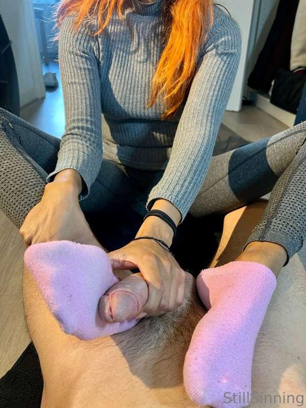 My cute pink socks rubbing your cock💗