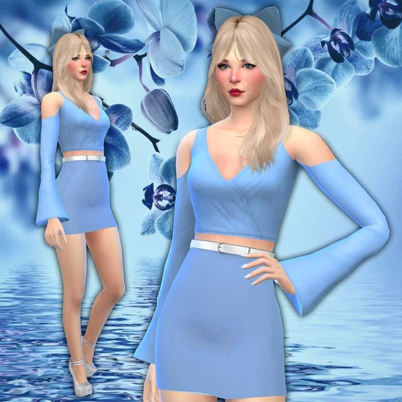 Icy Cold Shoulder Deep V-Neck Top & Mini Skirt with Belt - Freya Recolor - by freyssims - The Sims 4