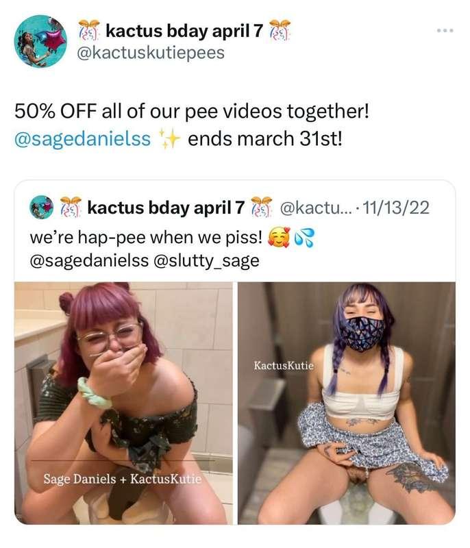 50% OFF all pee videos with @sagedaniels ends march 31st!!! 💦

see all our videos on sale here:
https://fansly.com/post/627687453980893184

#pee #piss #pipi #girlspeeing #girlpee #hairygirl #altgirls #sale #collab