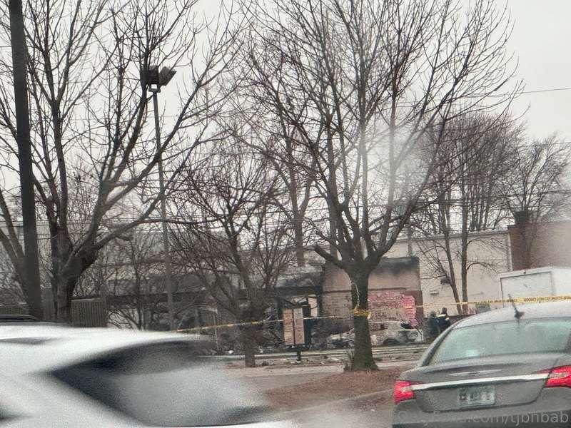 The aftermath of the explosion last night. It’s still smolde..