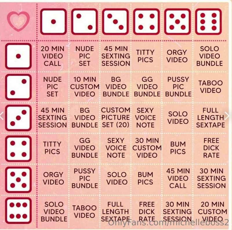 🚨Let me spoil you with fun game🚨
🎲 $10 - 1 ROLL
🎲 $15 - 2 RO..