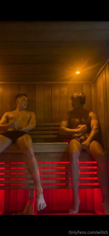 Two hung studs wanking in a steamy hot sauna 🥵 stroking one ..