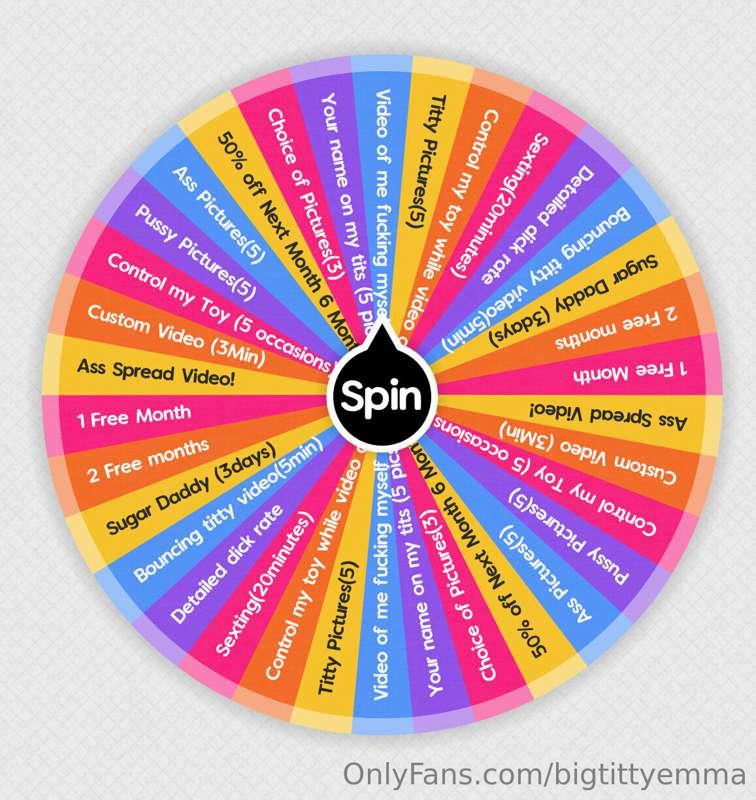 Time to play my SPIN THE WHEEL!

$10 for 1 spin
$15 for 2 sp..