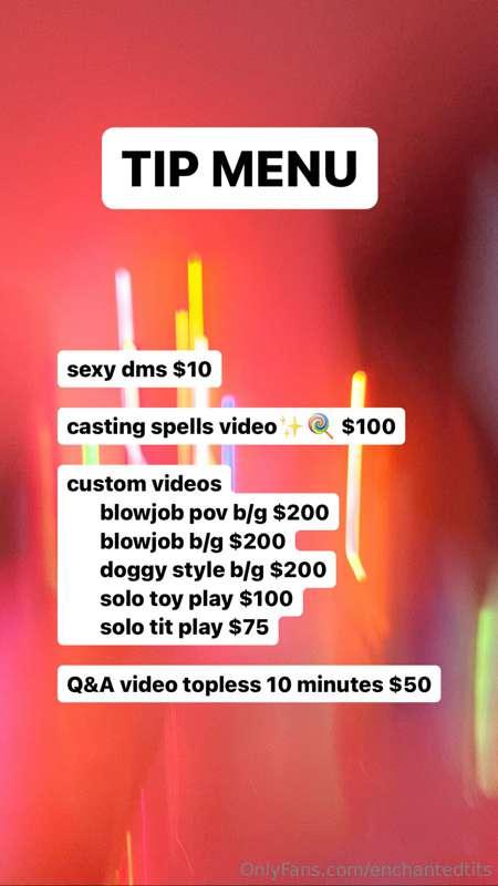 tip menu! feel free to dm me for custom requests or if you h..