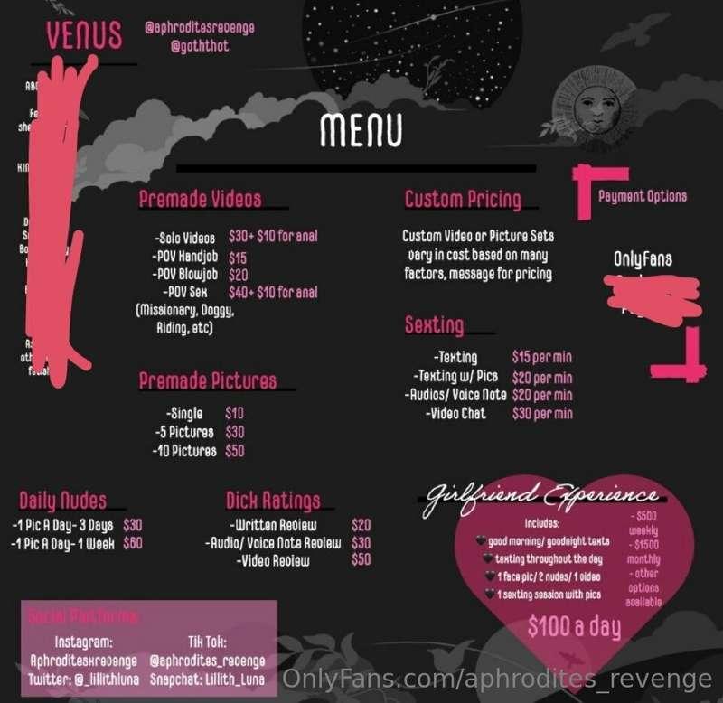 Here’s my menu :) kink friendly just ask! (Ps my VIP account..