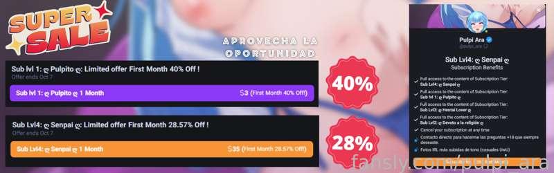 🎉DESCUENTOS EN SUBSCRIPCIONES🎉
Lvl 1: 40% de descuento
- Acceso a + de 20 VOD de streams anteriores
Lvl 4: 28% de descuento
- Acceso a todo el contenido y mis fotos IRL 🍑

¡Disponible hasta el 7 de Octubre! No pierdas la oportunidad ♥ #fyp