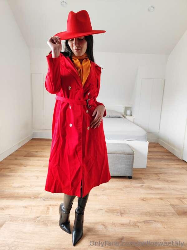 #974 - Red jacket, hat and tights, a yellow scarf, and a bla..