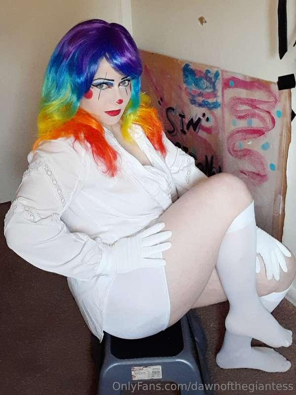 Idea, giantess clown puts tiny inside a balloon, blows it up..