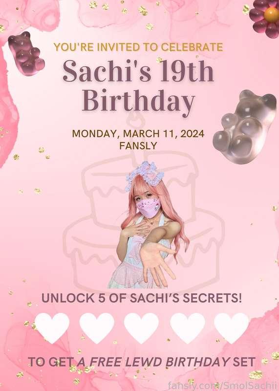 my 19th birthday is today!! 🎂⋆˙⟡♡❀

can you believe sachi-chan is already 19? UwU i still feel like 18 thoooo! everyone is invitedddd hihihi :&gt; you can unlock 5 of my secret to get a birthday surprise from meee ✺◟(＾∇＾)◞✺ so sachi-chan will be giving on her birthday yattaaaaa~~ i hope i still get giftsssss *3* it would mean so much for sachi-channnn &lt;3 

sachi-chan will also do a ✨BIRTHDAY LIVE STREAM✨ laterrrrr! i hope everyone comesss &gt;.&lt; im thinking of streaming around 6pm-7-pm ishhh (EDT) (∩˃o˂∩)♡ sachi-chan is whipping up something very special yattaaaa~~

#fyp #birthday #kawaii #asian #teen #young #japanese #egirl #cosplay #lolita