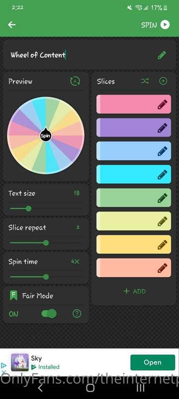 Creating a spin the wheel for what content I should do, send..