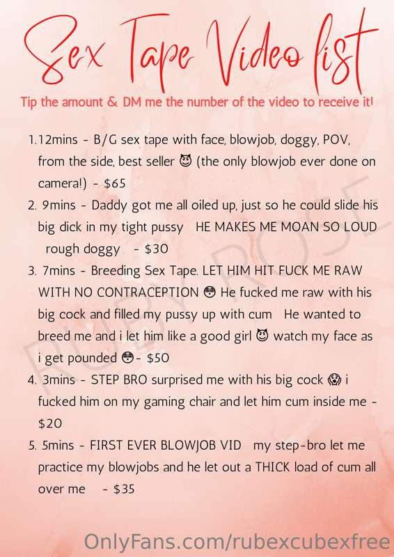 **SEX TAPE LIST** 

Tip the amount on this post or via DM’s ..