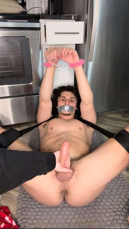 BDSM 😈 Ass Cheeks Spread 🍑 hung and dripping cum💦 bound help..