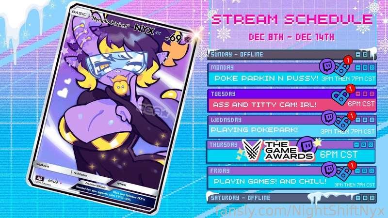 ITS "CREAM-MAS"❄️  STREAM-A-THON TIME‼️

STREAMING EVERYDAY THIS WEEK ON BOTH PLATFORMS AND PLAYIN POKEPARK! ✨⤵️

TWITCH⏩twitch.tv/nightshiftnyxva
F@NSLY ⏩fans.ly/r/NightNyx
MY STUFF⏩ linktr.ee/nightshiftnyx