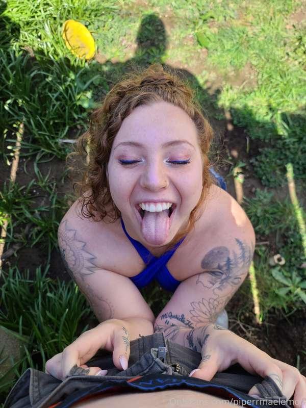 Sloppy sucking my landscapers cock in my backyard for his ha..