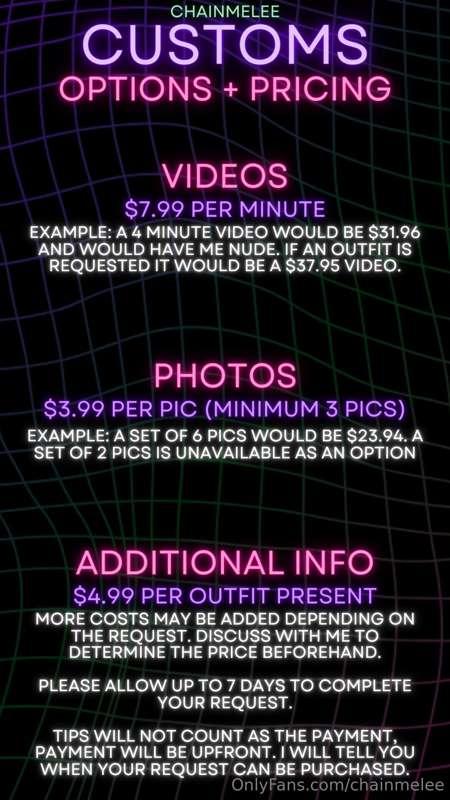 Customs are now available!

Prices may be subject to change ..