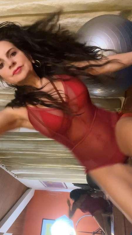 Feminine Fitness & Fashion 15” 3 Pose Stretch in Red Wine Transparent Leotard over Red Micro Bikini Mirror Fit Art