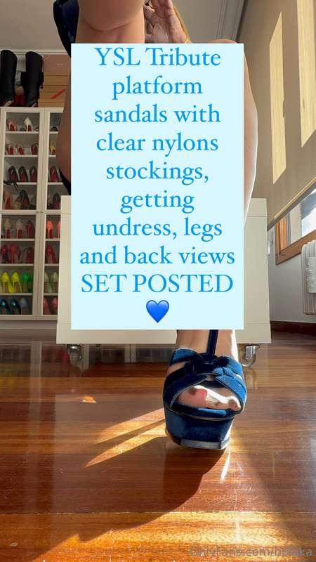YSL Tribute platform sandals with clear nylons stockings, ge..