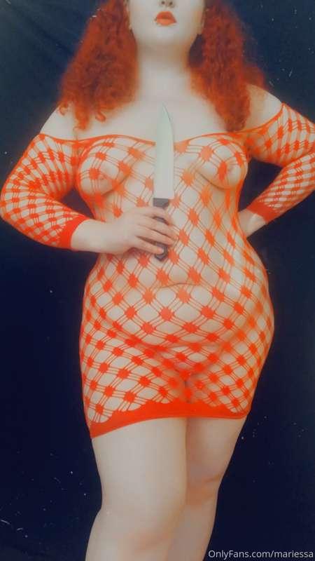 Dangerous curves... 🔪 in skin-tight red mesh lingerie