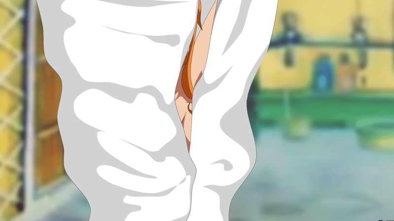 Nami catches Chopper spying on her as she leaves the bathroom.