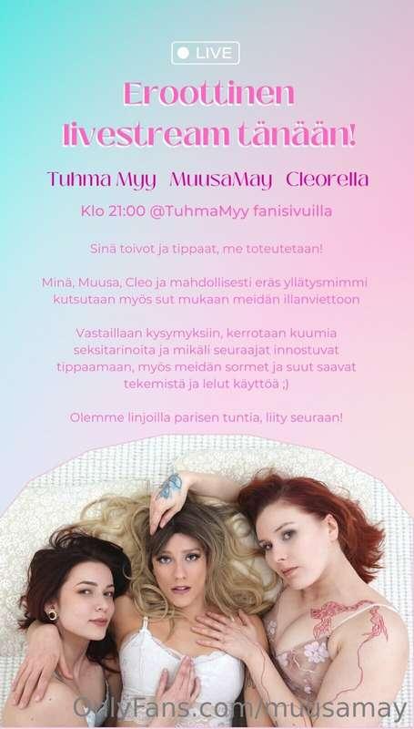 Kohta mennään, olkaa paikalla klo 21! @tuhmamyy tilillä, muk..