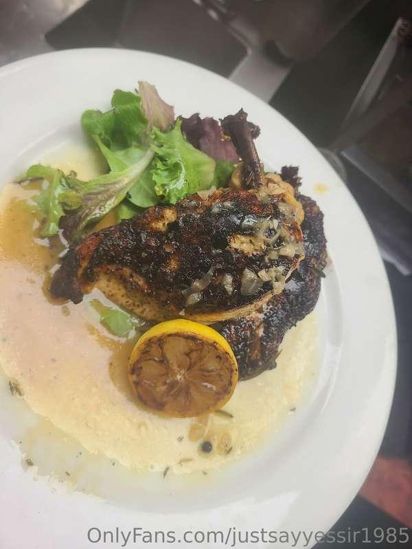 Split chicken with beure blanc rosemary sauce, salmon with b..