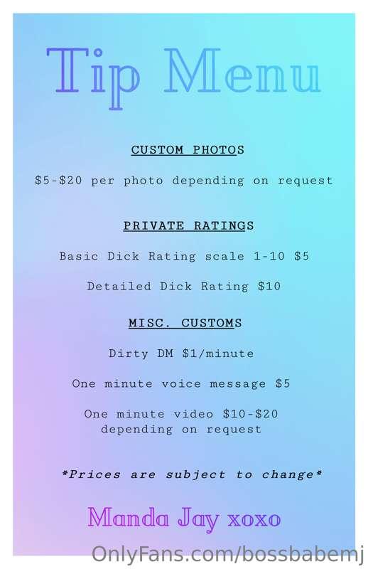 Here is the current Tip Menu.

Please allow time for request..