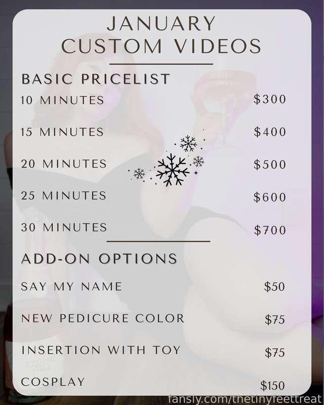 January custom video orders are now open!
I only have 3 spaces available this month!

DM me to get started on your order!

Orders close once all 3 spots are taken. I'll update this post once orders close.

Videos delivered to your DMs on or by January 31st.

Details MUST be agreed upon prior to payment!