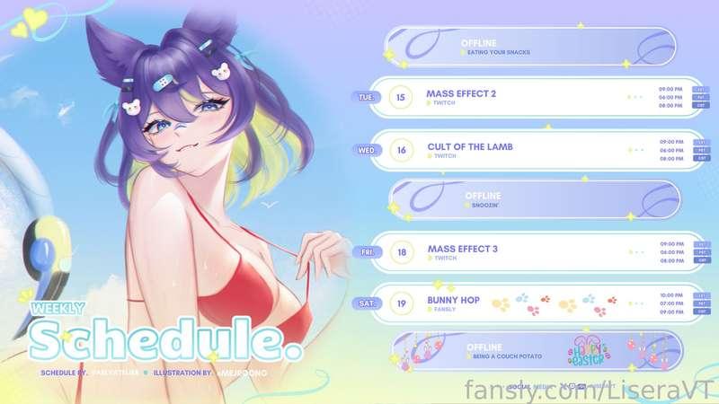 🐰Easter week sale is now live! Enjoy discounted sub rates this week! Ends Sunday🍫🥕~

This weeks schedule! I look forward to spending time with you cutie :D 💕✨

Finishing off ME2 this week and onto ME3! So grinding more of that along with some cult of the lamb. Consider leaving me a lurk on Twitch or come by and say hi I'd love to see you! :3💕~ 

This slutty bunny is on the search for a carrot this Easter! Lets see how well you can tame her. See you Saturday!🥕🐰

♡Twitch: https://twitch.tv/liseravt
♡Youtube: https://www.youtube.com/@liseravt
♡Twitter: https://twitter.com/LiseraVT
♡Discord: https://discord.gg/DqPBTJrCbX 