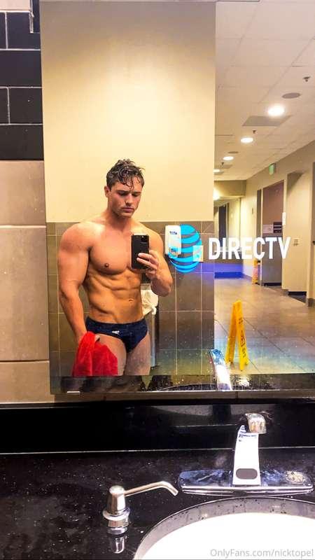 Post swim. locker room.