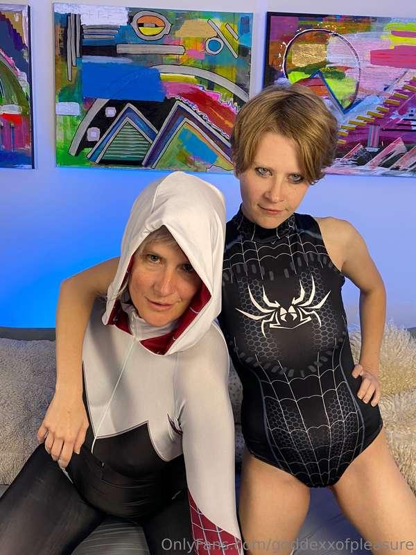 Spider Gwen, Venom, and her henchman cum together in a web o..