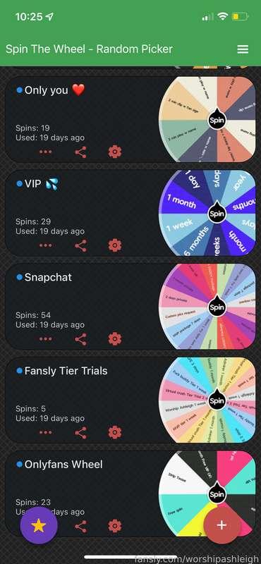 🎡 Pick a  wheel 🎡 
$15/spin 
$25/2 spins 
$35/3 spins

❤️Only You 🎡 custom content (me saying ur name in a vid) 
💙 VIP 💦 spin &amp; win up to 1 year to my VIP tier  
💜 Fansly Tiers 🍒 spin &amp; win a free trial to any of my fansly tiers (highest tier priced at $499!) 
💜OF Wheel- be subscribed to my paid or free page and win exclusive content!