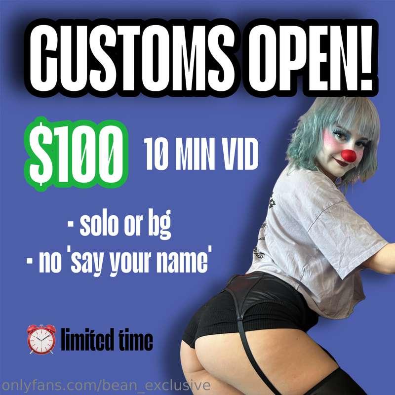 ✅ CUSTOMS ARE BACK OPEN! Let me know your idea asap 👀