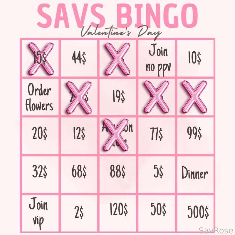 ❤️ Valentines Day Game!!!! ❤️ 

Ahhhh v day….my most hated of all holidays 😝 Let’s play this spoil bingo game to make it less horrible!

🚨 Rules:
👉🏻TIP the amount in the square to mark off the spot.
👉🏻Each square had a brand new vday themed surprise (or multiple).
👉🏻Activity squares have special rewards!
👉🏻If the board is clear by v day everyone gets a new free vid! 💜 

Dm me with questions!!

#game #vday #savrose #spoilme #princess #free